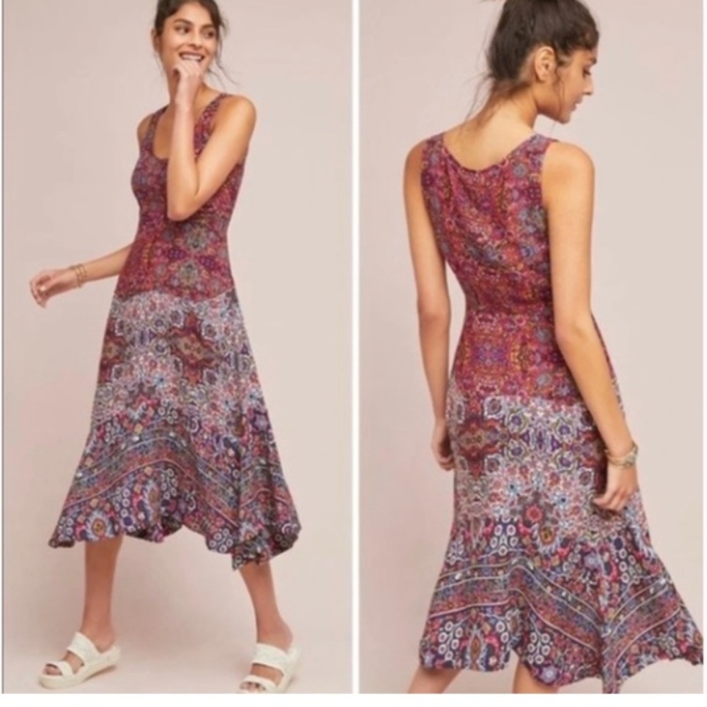 Anthropologie Red and Blue Paisley-Print Midi Dress